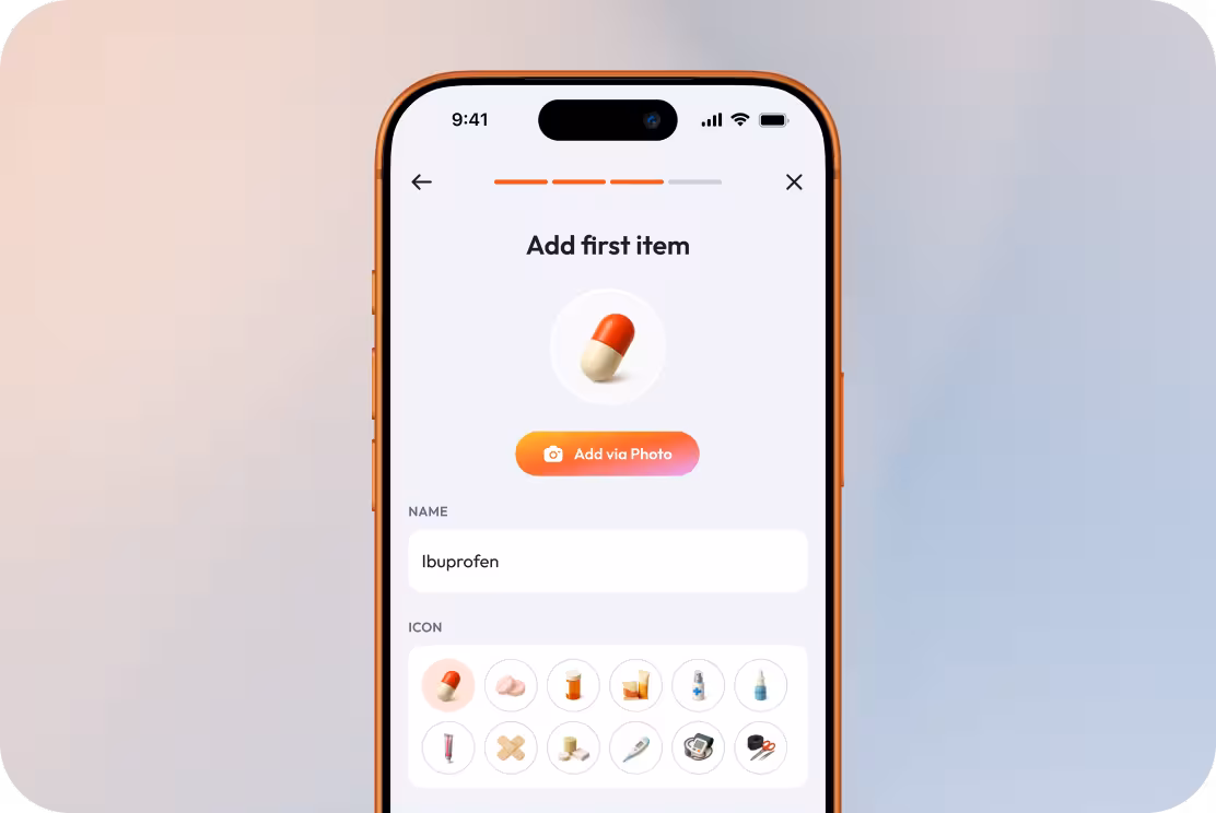 Medtsy app screen showing medication entry interface with AI-powered photo scan