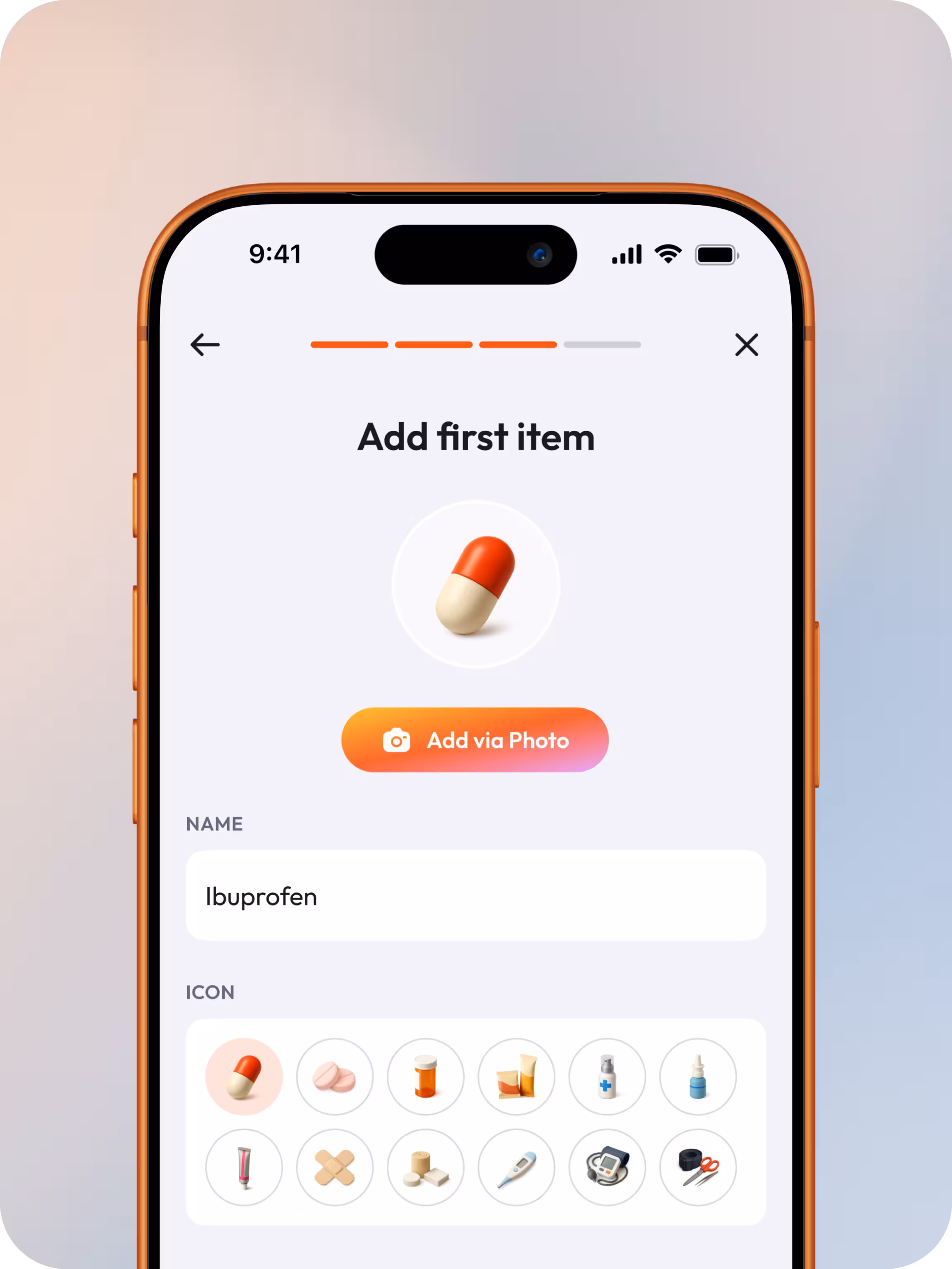 Medtsy app screen showing medication entry interface with AI-powered photo scan