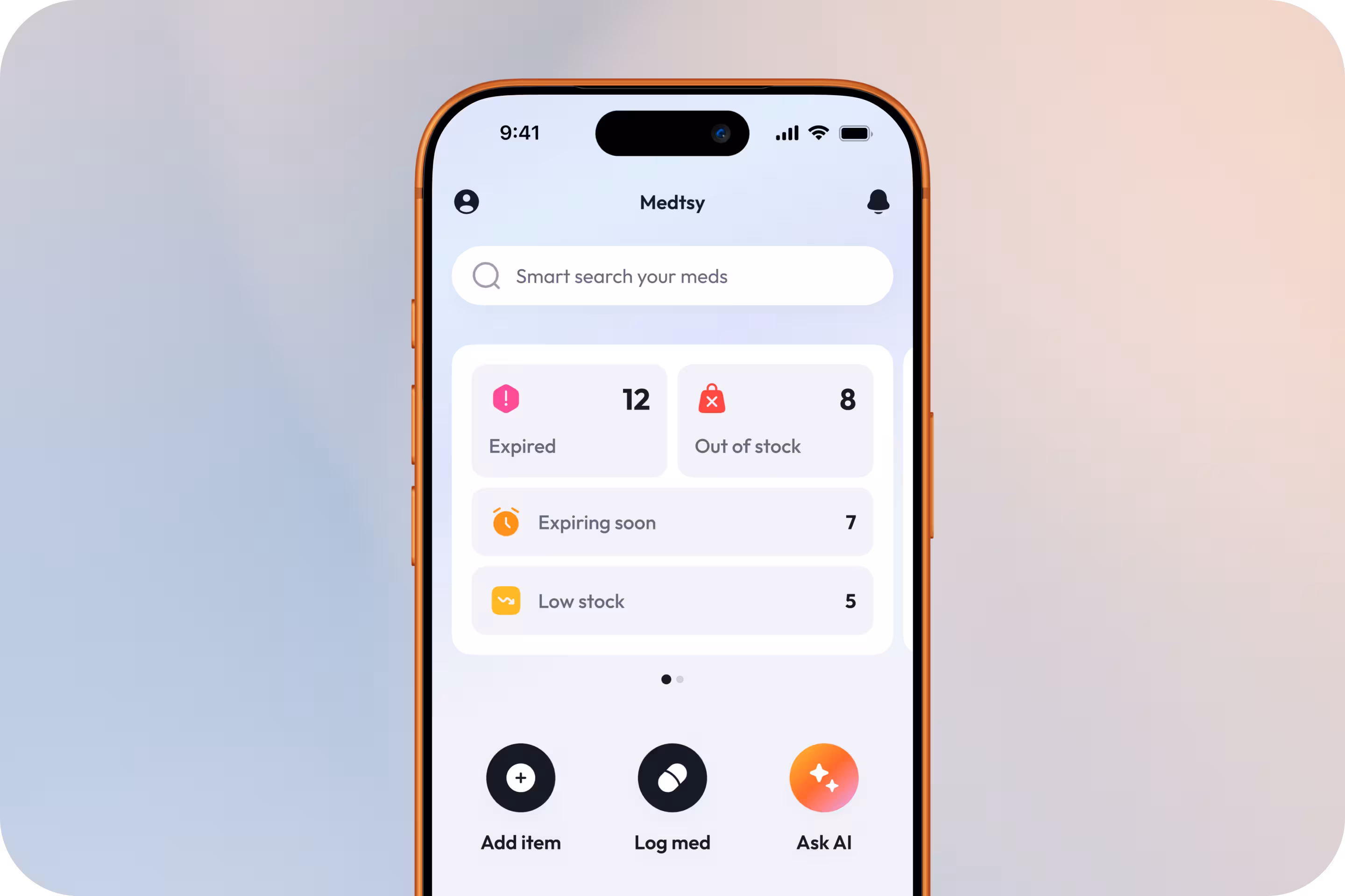 Main interface displaying medication statuses, AI-powered search, and management features