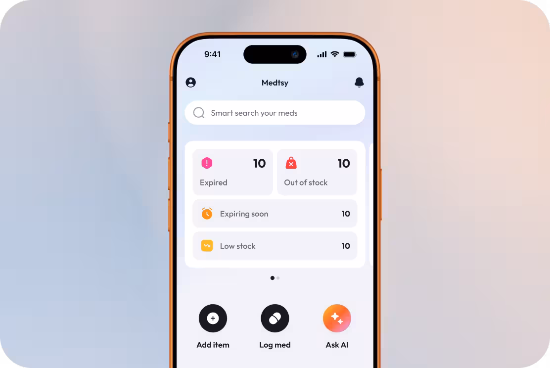 Medtsy main interface displaying medication statuses, AI-powered search, and management features